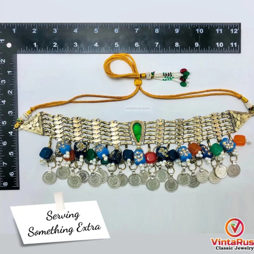 Vintage Kuchi Choker: Coin & Multicolor Glass Stone Necklace - Picture 4 of 9